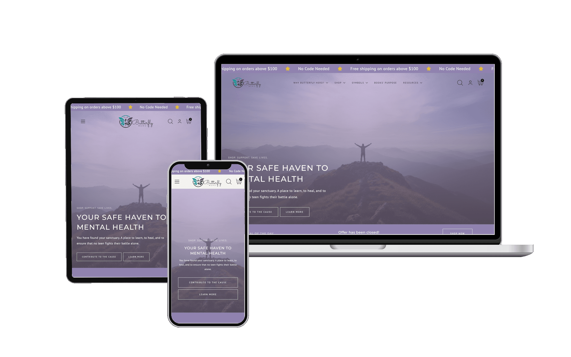 ButterflyHero mental health e-commerce store shown on laptop, tablet, and phone