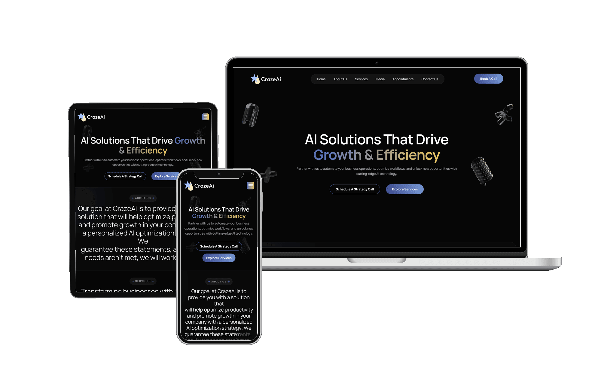 CrazeAI website mockup on laptop, tablet, and phone