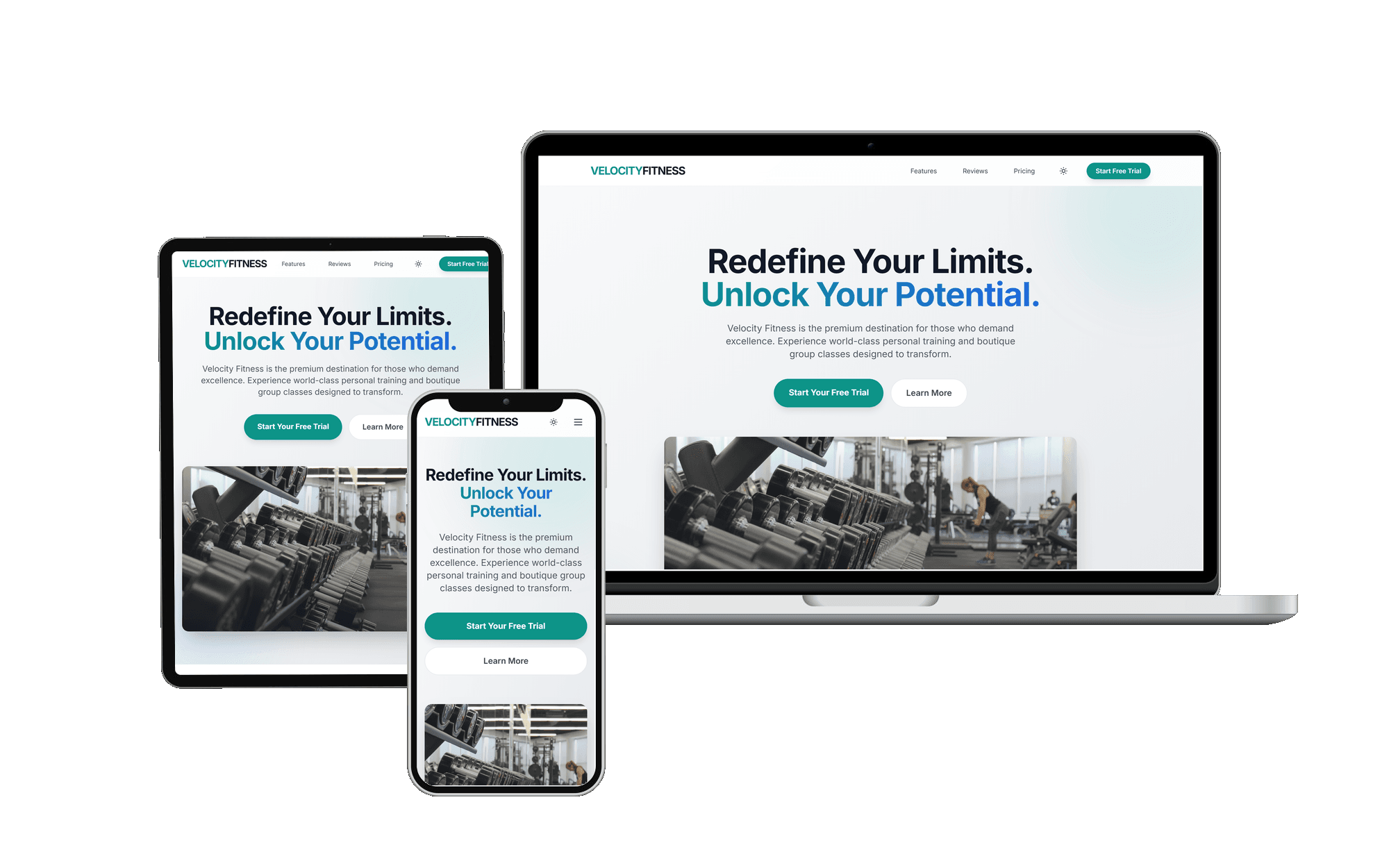 Velocity Fitness website mockup on laptop, tablet, and phone