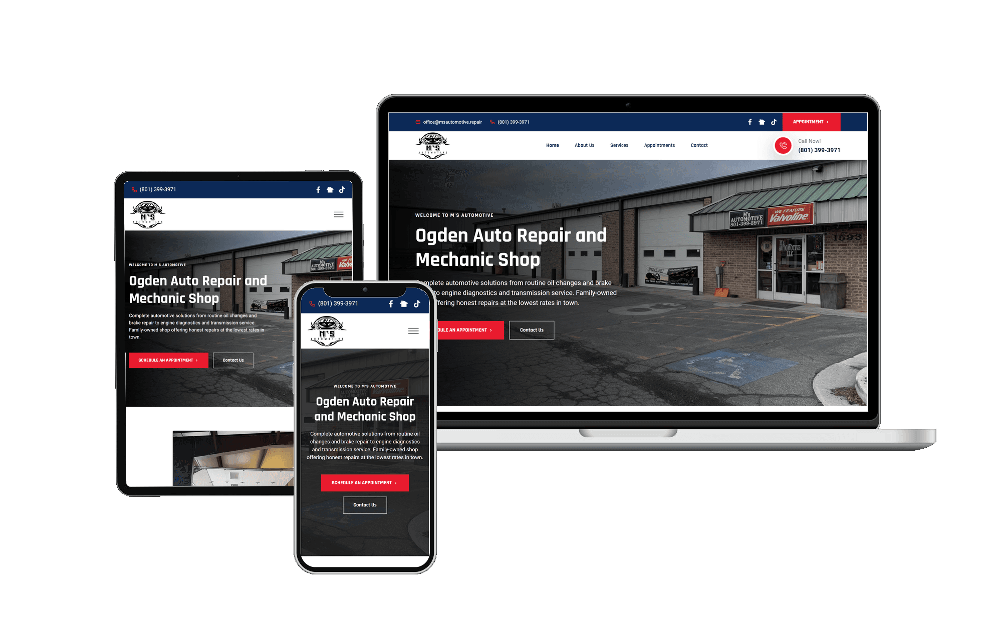 MS Automotive auto repair shop website shown on laptop, tablet, and phone